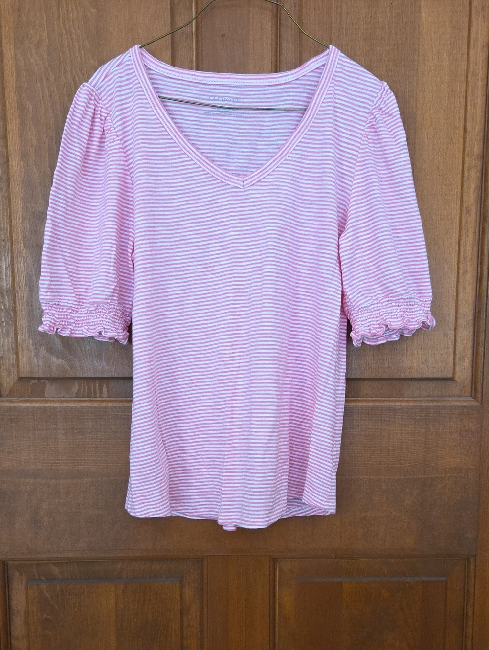 Talbots Pink and White Striped V-Neck Puff Sleeve Tee